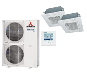 Mitsubishi Heavy Cassette unit 60x60 duo-split set FDTC125+FDC125VSX-W/1 Hyper inverter 12,5 kW inclusief verbindingsstuk DIS-WA1G en bedrade wandbediening