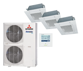 Mitsubishi Heavy Cassette unit 60x60 triple-split set FDTC140+FDC140VSX-W/1 Hyper inverter 14,0 kW inclusief verbindingsstuk DIS-TA1G en bedrade wandbediening